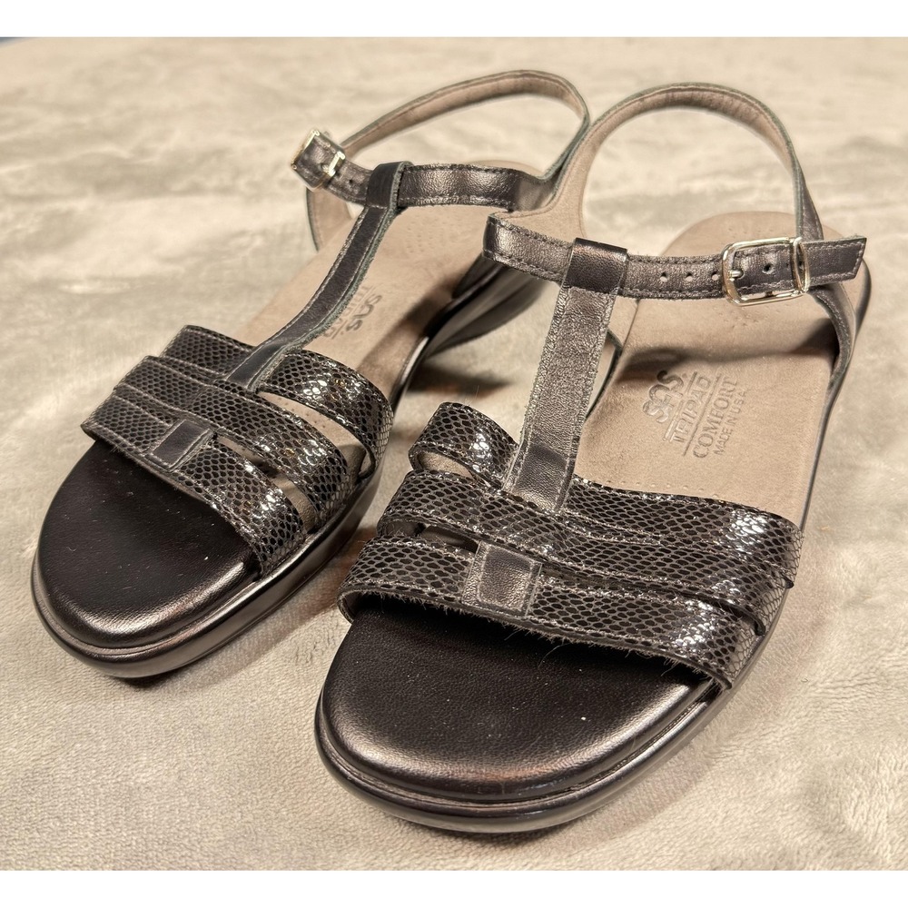SAS Sandals Womens Size 7 Black Tripad Comfort Slingback Wedge Strappy Leather